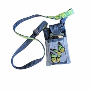 Upcycled Denim Butterfly Crossbody Cell Phone Pouch, Handmade